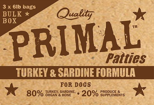 Primal Frozen Raw Patties Turkey & Sardine Formula Bulk Box Dog 18lb