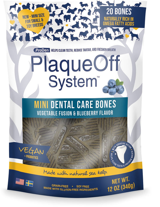 ProDen PlaqueOff System Mini Dental Care Bones Vegetable Fusion & Blueberry Dog Treats, 17-oz (Size: 17-oz)