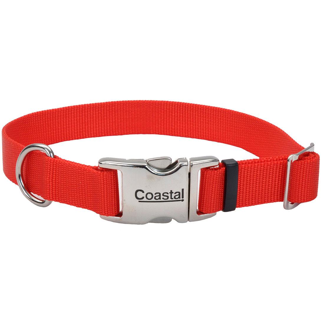 Coastal Adjustable Nylon Collar with Titan Metal Buckle for Dogs, Red, 1-in x 14-20-in (Size: 1-in x 14-20-in)