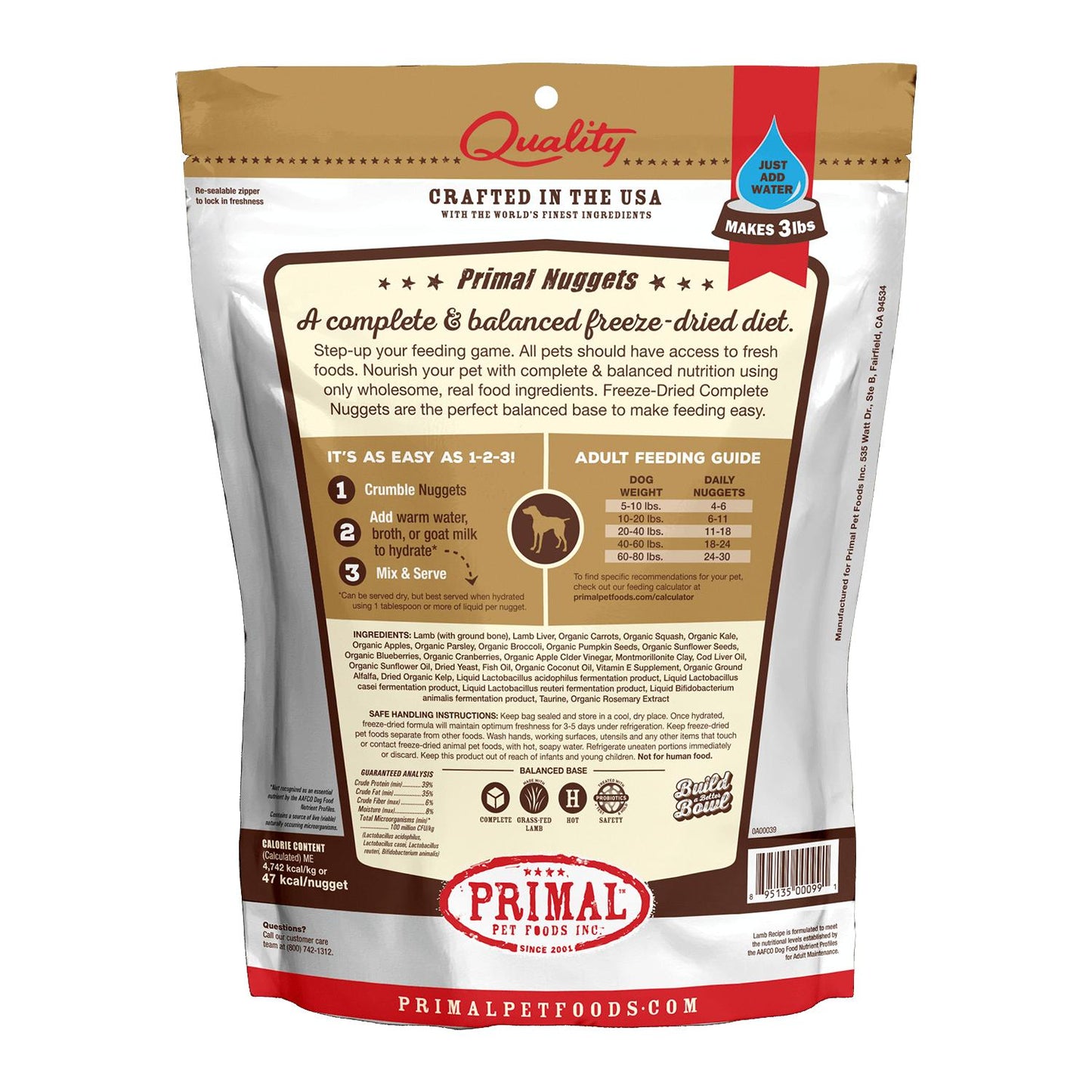 Primal Raw Freeze-Dried Nuggets Lamb Formula Dog Food, 14-oz (Size: 14-oz)