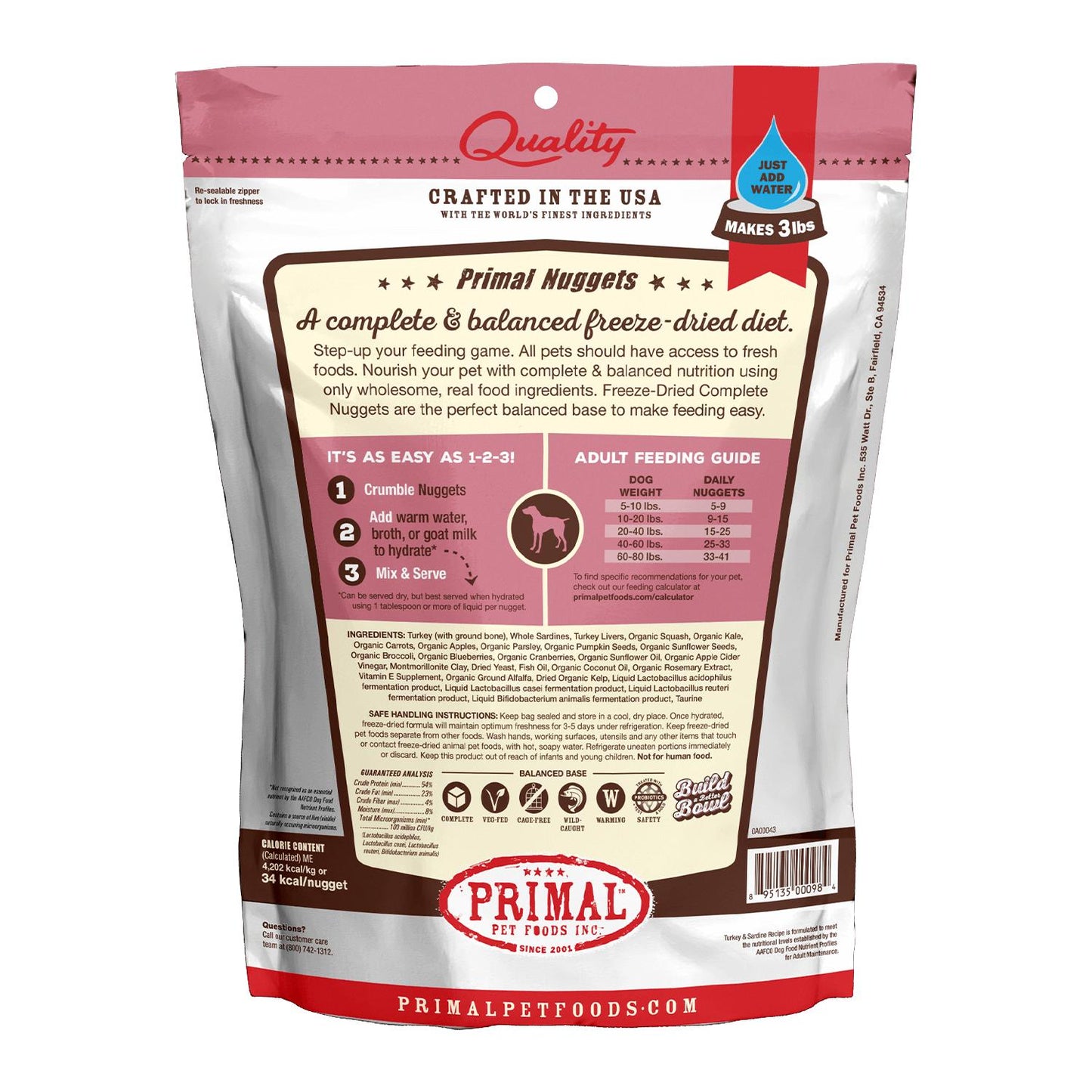 Primal Raw Freeze-Dried Nuggets Turkey & Sardine Formula Dog Food, 14-oz (Size: 14-oz)