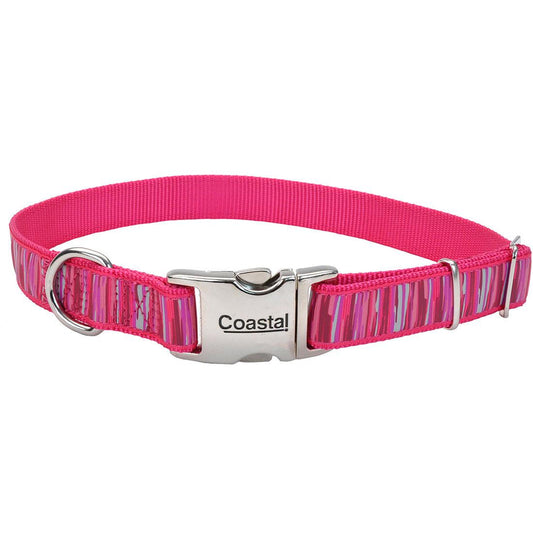 Ribbon Adjustable Dog Collar with Metal Buckle, Pink Flamingo Stripe, 5/8-in x 12-18-in (Size: 5/8-in x 12-18-in)