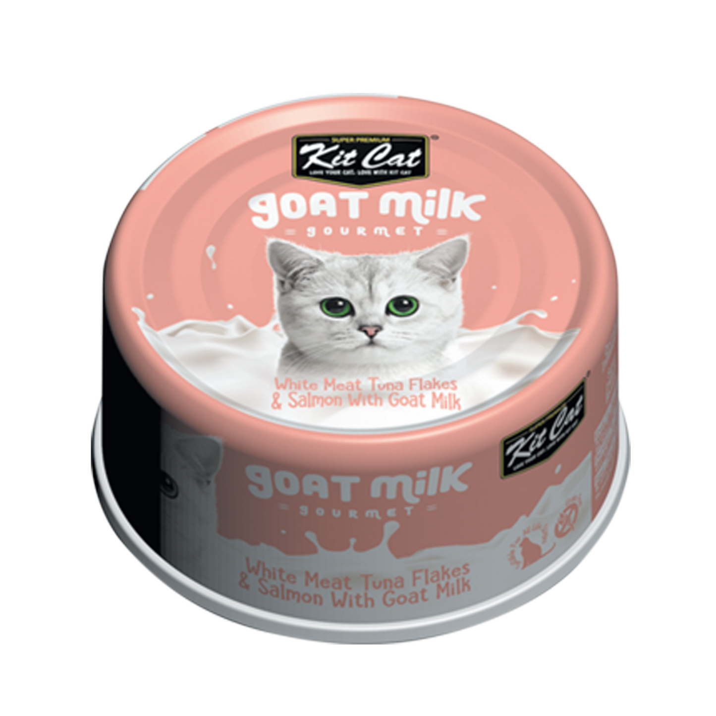 Kit Cat Goat Milk Gourmet White Meat Tuna Flakes & Salmon with Goat Milk Wet Cat Food Can, 70-gram (Size: 70-gram)