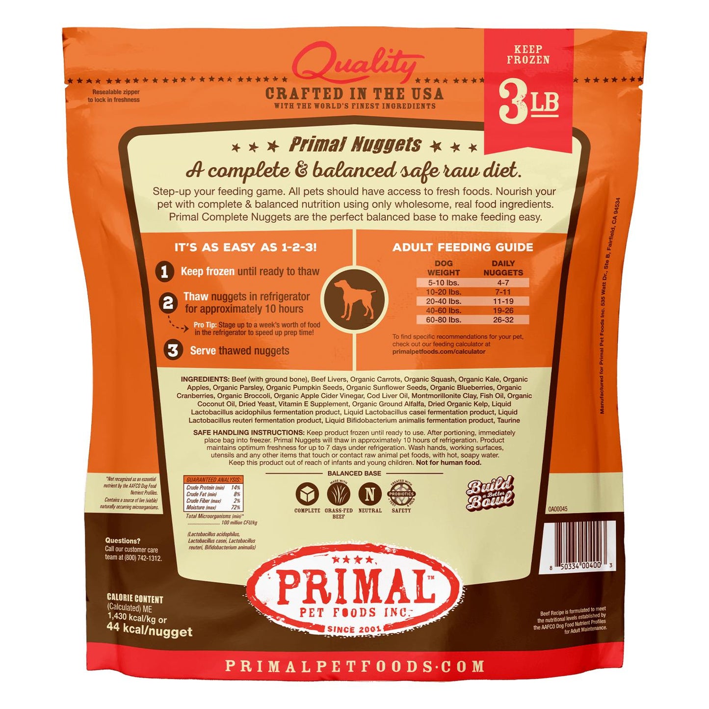 Primal Raw Frozen Nuggets Beef Formula Dog Food, 3-lb