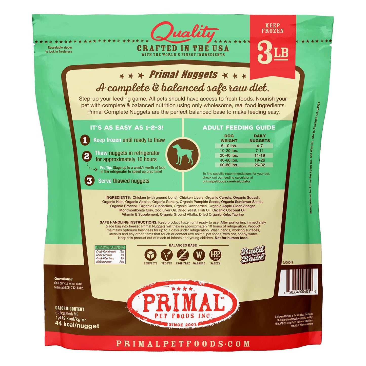 Primal Raw Frozen Nuggets Chicken Formula Dog Food, 3-lb