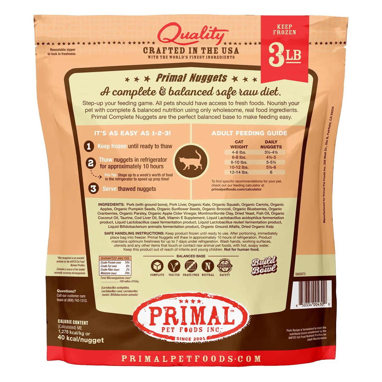 Primal Raw Frozen Nuggets Pork Formula Raw Cat Food, 3-lb (Size: 3-lb)