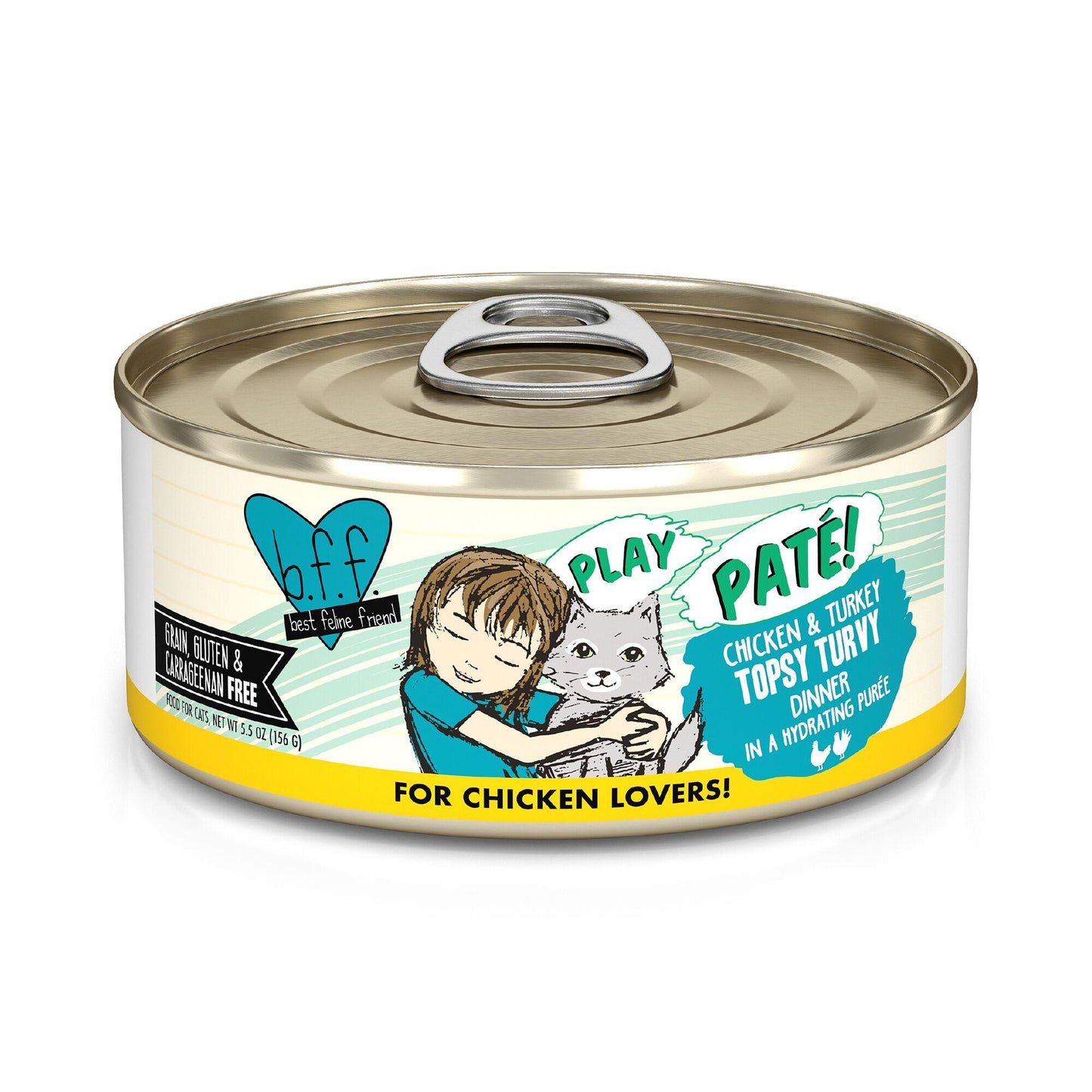 BFF PLAY PATE Chicken & Turkey Topsy Turvy Dinner in a Hydrating Puree Wet Cat Food Can, 5.5-oz (Size: 5.5-oz)