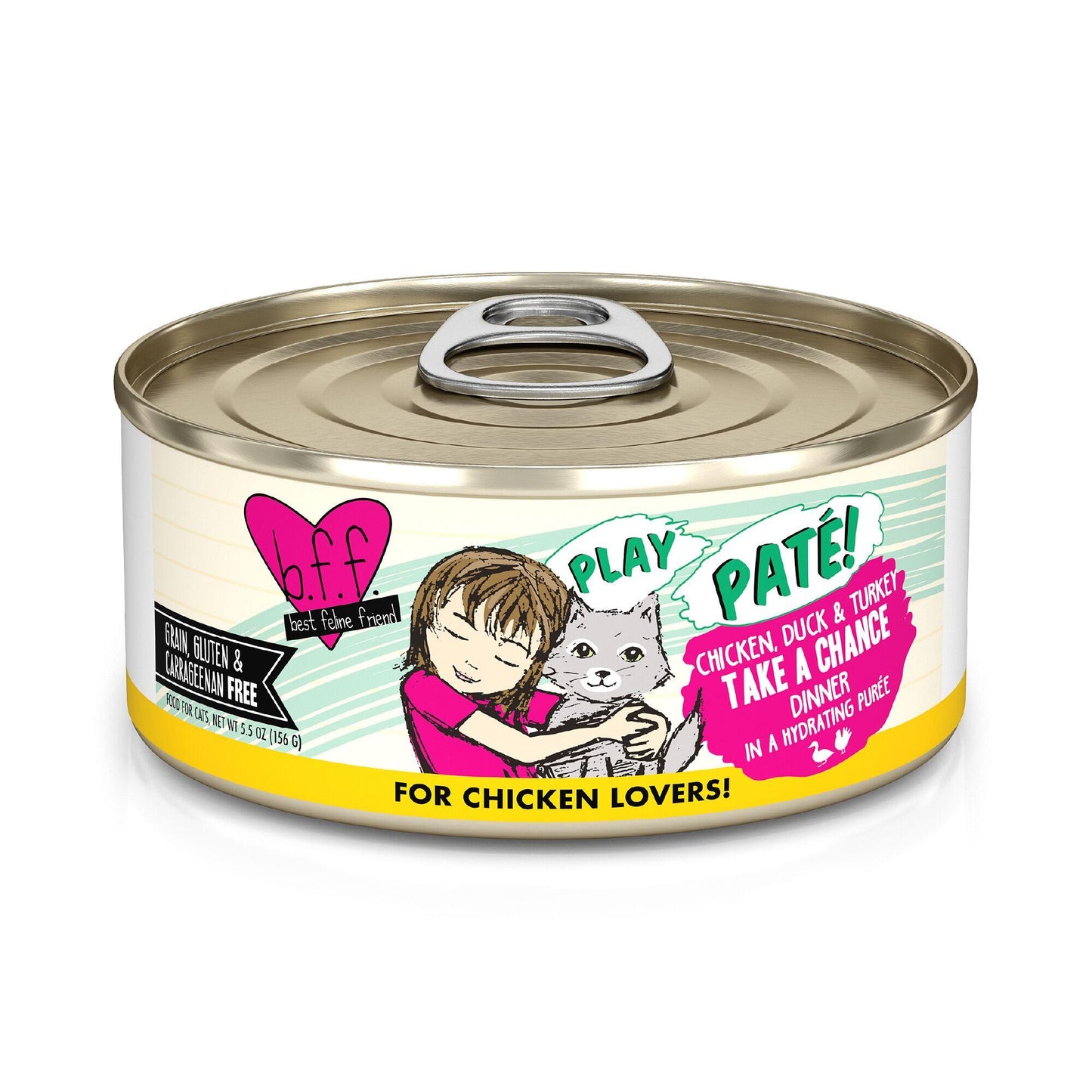 BFF PLAY PATE Chicken, Duck & Turkey Take a Chance Dinner in a Hydrating Puree Wet Cat Food Can, 5.5-oz (Size: 5.5-oz)